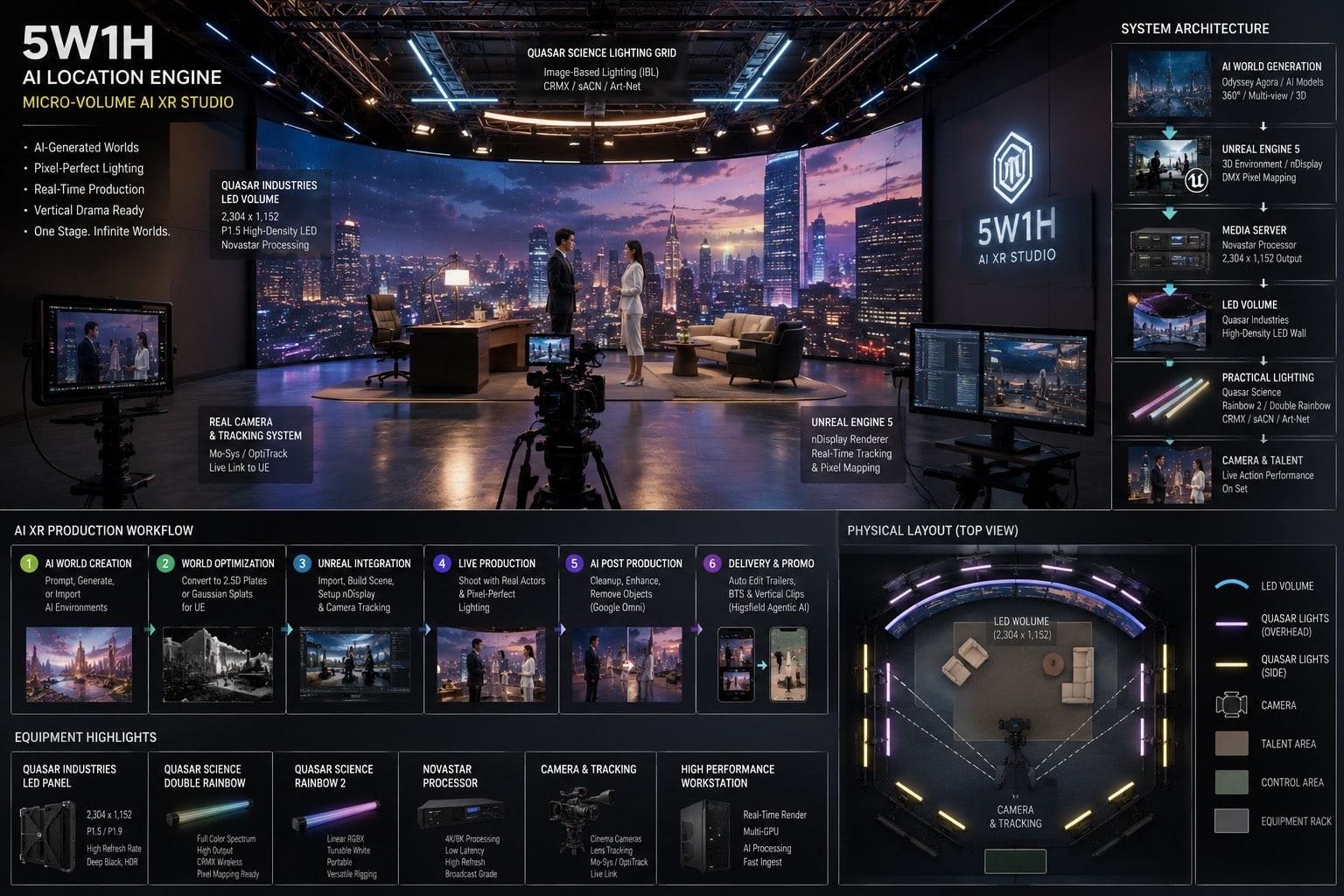 5W1H AI Location Engine — a micro-volume AI XR studio built around a Quasar Industries 2,304 x 1,152 P1.5 LED volume, Unreal Engine 5 rendering, Mo-Sys camera tracking and a Quasar Science lighting grid.